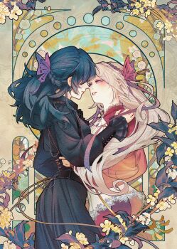 2girls abstract_background alternate_costume alternate_hairstyle alternate_universe blonde_hair blunt_bangs blush breasts brown_background commentary couple edelgard_von_hresvelg faceless faceless_female female_byleth_(fire_emblem) fire_emblem fire_emblem:_three_houses from_side green_hair hair_ornament head_tilt highres incoming_kiss leaning_forward long_hair medium_breasts moyibzs multiple_girls nintendo parted_bangs purple_eyes small_breasts upper_body wavy_hair yuri