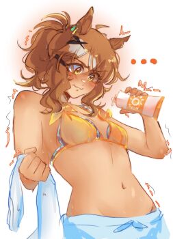 Rule 34 | 1girl, absurdres, ahoge, animal ears, applying sunscreen, bare shoulders, bikini, bikini shorts, blue shorts, blush, breasts, brown hair, calamity brezze, closed mouth, double bikini, hair between eyes, hair ornament, highres, holding sunscreen, horse ears, horse girl, jungle pocket (tobasuze hot summer!) (umamusume), jungle pocket (umamusume), layered bikini, lotion, medium hair, multicolored hair, navel, notched ear, official alternate costume, official alternate hairstyle, ponytail, shorts, simple background, solo, stomach, streaked hair, sunscreen, swimsuit, umamusume, upper body, white hair, yellow bikini, yellow eyes