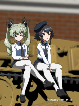 2girls 3d 3d_background :o ;) anchovy_(girls_und_panzer) anzio_school_uniform artist_name belt beret black_belt black_footwear black_hair black_headwear black_neckwear black_ribbon black_skirt blurry blurry_background braid brown_eyes closed_mouth commentary_request dated depth_of_field dress_shirt drill_hair girls_und_panzer green_hair hair_ribbon hat highres loafers long_hair long_sleeves looking_at_viewer looking_to_the_side military military_vehicle miniskirt mixed_media motor_vehicle multiple_girls naotosi necktie on_tank one_eye_closed open_mouth pantyhose pepperoni_(girls_und_panzer) pleated_skirt ribbon school_uniform semovente_75/18 shirt shoes short_hair side_braid sitting skirt smile tank tilted_headwear twin_drills twintails v_arms white_legwear white_shirt wing_collar
