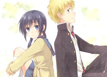 Rule 34 | 1boy, 1girl, back-to-back, black hair, blonde hair, blue eyes, cardigan, corpse party, highres, kishinuma yoshiki, kousetsu, low twintails, school uniform, shinozaki ayumi, short hair, twintails