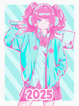 1girl 2025 ;) aqua_background aqua_eyes aqua_jacket aqua_shirt axe blood blood_on_axe border bow bowtie closed_mouth collared_shirt commentary contrapposto cowboy_shot diagonal-striped_background duchess_celestia english_commentary facial_mark film_grain grey_border hand_in_pocket hand_up headphones highres holding holding_axe jacket limited_palette long_sleeves looking_at_viewer medium_hair miniskirt one_eye_closed open_clothes open_jacket original outside_border over_shoulder pink_bow pink_bowtie pink_hair pink_sailor_collar pink_skirt plaid_bow plaid_bowtie plaid_clothes plaid_skirt pleated_skirt pom_pom_(clothes) puffy_long_sleeves puffy_sleeves redrawn sailor_collar shirt simple_background skirt smile solo standing straight-on striped_background twintails weapon weapon_over_shoulder