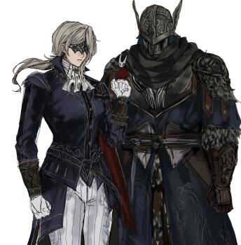 1boy 1girl armor ascot ashen6621 blindfold_mask blonde_hair brother_and_sister duchess_(elden_ring) elden_ring elden_ring_nightreign gloves helmet highres holding long_hair mask ponytail siblings simple_background weapon white_ascot white_gloves winged_helmet wylder_(elden_ring)