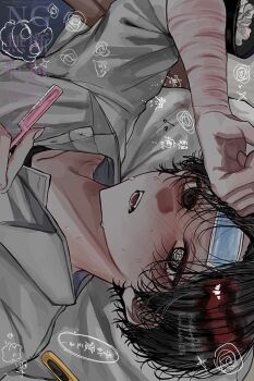 Rule 34 | 1boy, @ @, black eyes, black hair, black shirt, blush, breath, commentary request, double-parted bangs, hair between eyes, hand on own forehead, headband, highres, holding, holding razor, hosikage4040, looking at viewer, male focus, neck ribbon, original, razor, ribbon, scar, scar on arm, self-harm, shirt, short hair, solo, sweatdrop, undershirt, white shirt, wrist cutting