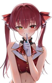 1girl absurdres bare_arms bare_shoulders breasts buttons cleavage crop_top detached_collar finger_to_mouth gloves gold_trim grin hair_ribbon hand_up heterochromia highres hololive houshou_marine houshou_marine_(1st_costume) large_breasts long_hair looking_at_viewer midriff navel no_bodystocking red_eyes red_shirt ribbon shirt shushing shuvi_(shuvi1125) simple_background sleeveless sleeveless_shirt smile solo stomach twintails upper_body virtual_youtuber white_background white_gloves wing_collar yellow_eyes