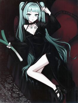 1girl alternate_costume aqua_eyes aqua_hair black_dress black_nails black_shoes choker dress food goth_fashion hand_up hatsune_miku high_heels highres holding holding_food holding_spring_onion holding_vegetable jewelry long_hair long_sleeves looking_at_viewer nail_polish ring shoes side_slit solo spring_onion twintails vegetable vickie_(cryingrobot) vocaloid