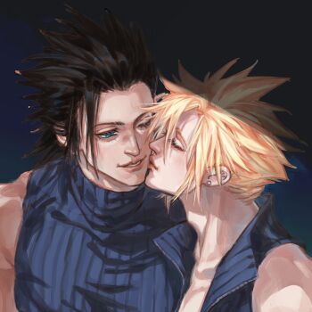 2boys aqua_eyes bare_shoulders black_background black_hair black_shirt black_vest blonde_hair closed_eyes cloud_strife earrings final_fantasy final_fantasy_vii final_fantasy_vii:_advent_children hair_between_eyes hair_slicked_back highres jewelry kiss kissing_cheek male_focus medium_hair multiple_boys one_eye_closed parted_lips row056 shirt short_hair sideburns single_earring sleeveless sleeveless_turtleneck spiked_hair turtleneck upper_body vest yaoi zack_fair