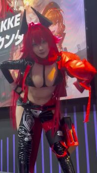 animated audible_music breasts cleavage cosplay goddess_of_victory:_nikke highres looking_at_viewer model_request navel official_cosplay real_life red_hair red_hood_(nikke) red_hood_(nikke)_(cosplay) smile sound source_request tagme video