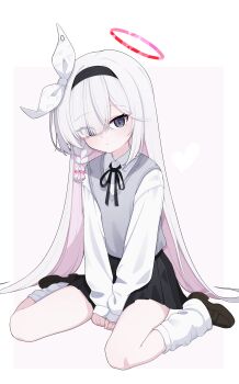 Rule 34 | 1girl, absurdres, alternate costume, black hairband, black shoes, black skirt, blue archive, braid, cinamon (cinamori), colored inner hair, commentary, grey sweater vest, hairband, halo, highres, long hair, looking at viewer, loose socks, multicolored hair, pink hair, plana (blue archive), school uniform, shirt, shoes, simple background, single braid, sitting, skirt, socks, solo, straight hair, sweater vest, two-tone hair, very long hair, wariza, white background, white hair, white shirt, white socks