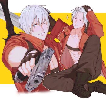 Rule 34 | 1boy, abs, bare pectorals, black boots, black pants, blue eyes, boots, chest strap, closed eyes, closed mouth, coat, collarbone, dante (devil may cry), devil may cry, devil may cry (series), devil may cry 3, dual wielding, gun, hashtag-only commentary, highres, holding, holding gun, holding weapon, looking at viewer, male focus, millanyy, multiple views, one eye closed, open clothes, open coat, pants, pectorals, red coat, short hair, sitting, smile, sparkle, sword, sword on back, weapon, weapon on back, white hair