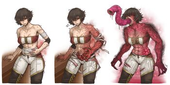 1girl abs body_hair body_horror breasts brown_hair claws cleavage colored_sclera colored_skin corruption earrings eldritch_abomination extra_mouth fiorayne_(monster_hunter) hair_between_eyes highres jewelry looking_at_viewer midriff_sarashi monster monster_hunter_(series) monster_hunter_rise nested_mouths pants red_sclera red_skin sarashi sharp_teeth short_hair simple_background solo strapless teeth tobatoinu transformation tube_top white_background