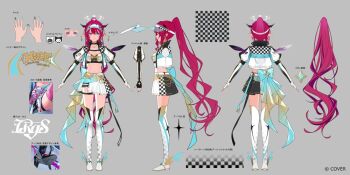 1girl aqua_bow asymmetrical_wings back_bow bandeau belt black_choker black_horns black_skirt blue_eyes boots bow breast_strap breasts checkered_clothes checkered_jacket checkered_skirt choker clothes_writing commentary commentary_request copyright_notice cropped_jacket crystal_wings detached_wings double_halo earrings elbow_gloves english_commentary gloves grey_background halo heterochromia high_ponytail hololive hololive_english horns irys_(hololive) irys_(race_queenrys)_(hololive) jacket jewelry juliet_sleeves long_hair long_sleeves medium_breasts miniskirt mixed-language_commentary multicolored_skirt multiple_views navel necklace official_alternate_costume official_alternate_hairstyle official_art pink_eyes pisuke_wan pleated_skirt pointing_out_the_details pointy_ears ponytail puffy_sleeves purple_hair reference_sheet second-party_source shorts shorts_under_skirt side_slit sidelocks simple_background skirt star-shaped_pupils star_(symbol) star_halo stomach symbol-shaped_pupils thigh_boots thigh_strap turnaround very_long_hair virtual_youtuber visor_cap waist_bow white_bandeau white_belt white_boots white_gloves white_jacket white_skirt wings