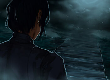 1girl arrapso black_hair blue_vest bridge creature dark-skinned_female dark_skin dim_lighting dutch_angle fog from_behind glowing glowing_eyes highres kikka_the_steadfast lake_of_voices night non-web_source official_art ripples short_hair standing too_many_eyes upper_body vest water waves