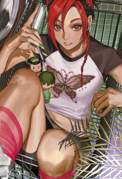 Rule 34 | 1girl, alternate costume, animal print, black hair, black shirt, black sleeves, braid, brown eyes, bun with braided base, butterfly print, cellphone, character charm, charm (object), commentary, crop top, cropped shirt, ermes costello, eyelashes, fingernails, flip phone, foo fighters (jojo), green nails, hair bun, highres, holding, holding phone, in shopping cart, jojo no kimyou na bouken, kuujou jolyne, long fingernails, looking at viewer, masakenme, multicolored hair, nail polish, navel, parted lips, phone, pink socks, raglan sleeves, red hair, shirt, shopping cart, short sleeves, single braid, smile, socks, solo, stone ocean, teeth, two-tone hair, two-tone shirt, white shirt, y2k fashion