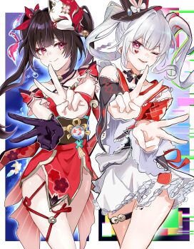 2girls absurdres ajft52o4jw30403 bell black_bow black_bowtie black_choker black_gloves black_hat black_sash bow bowtie brown_hair choker commentary_request cowboy_shot double_v dress dual_persona facial_mark fox_mask frills gloves hair_bell hair_ornament hat hat_ornament heart heart_facial_mark highres honkai:_star_rail honkai_(series) japanese_clothes jingle_bell kimono long_hair long_sleeves looking_at_viewer male_focus mask mask_on_head mini_hat mini_top_hat multiple_girls neck_bell o-ring obi obiage obijime pink_eyes rabbit_hat_ornament red_kimono sailor_collar sash short_kimono side-by-side single_glove smile sparkle_(honkai:_star_rail) sparxie_(honkai:_star_rail) thigh_strap top_hat twintails v white_dress white_hair wide_sleeves