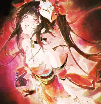 1girl bare_shoulders bell black_gloves black_hair black_sash blunt_bangs breasts cleavage commentary_request flower_tattoo fox_mask gloves highres honkai:_star_rail honkai_(series) japanese_clothes long_hair looking_up mark_under_both_eyes mask mask_on_head neck_bell open_mouth red_eyes red_theme sash solo sparkle_(honkai:_star_rail) tattoo uda_(xax_057)