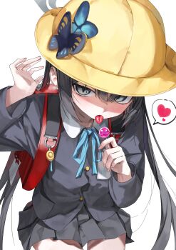 1girl absurdres arm_up backpack bag black_hair black_skirt blue_archive blue_ribbon bug butterfly butterfly_hat_ornament candy commentary_request cowboy_shot food from_above grey_eyes grey_halo hair_between_eyes halo hat hat_ornament heart highres holding holding_candy holding_food holding_lollipop insect kisaki_(blue_archive) kisaki_(kindergarten_uniform)_(blue_archive) light_blush lollipop long_hair long_sleeves miniskirt open_mouth pleated_skirt randoseru ribbon rosu_1109 school_bag school_uniform simple_background skirt solo spoken_heart tongue tongue_out twintails white_background yellow_hat