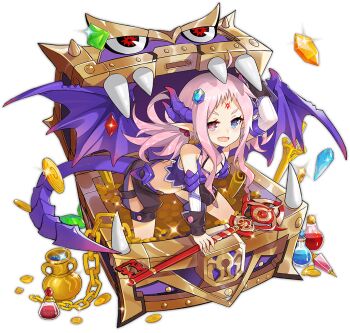 1girl :d ahoge ark_order artist_request black_shorts blue_eyes bra chain coin detached_sleeves dragon_wings facial_mark fang faux_figurine forehead_mark full_body gem gem_on_head gold gold_coin heterochromia holding holding_key horns key long_hair long_sleeves looking_at_viewer mimic mimic_(ark_order) mimic_chest multiple_horns official_art open_mouth pink_eyes pink_hair potion purple_bra purple_horns purple_shirt purple_wings shirt short_bangs shorts sidelocks smile solo transparent_background treasure treasure_chest twintails underwear vase wings