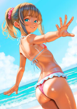 Rule 34 | 1girl, ass, beach, bikini, blue eyes, blue sky, brown hair, commentary request, cowboy shot, day, flat chest, from behind, grin, hair ornament, hair scrunchie, halterneck, highres, looking at viewer, looking back, ocean, original, outdoors, outstretched arms, paid reward available, parted lips, pink bikini, pink scrunchie, ponytail, scrunchie, sidelocks, sky, smile, solo, spread arms, swimsuit, tan, tanline, uzuki mei