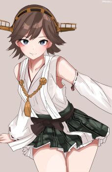 1girl bare_shoulders blue_eyes brown_hair commentary_request commission contrapposto cowboy_shot detached_sleeves flipped_hair green_skirt grey_background headgear hiei_(kancolle) hiei_kai_ni_(kancolle) highres japanese_clothes kantai_collection looking_at_viewer miron_(mirona33) nontraditional_miko plaid_clothes plaid_skirt ribbon-trimmed_sleeves ribbon_trim short_hair simple_background skirt smile solo twitter_username