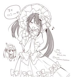 Rule 34 | black hair, closed eyes, date a live, eyepatch, hairband, lolita fashion, lolita hairband, musical note, o o, open mouth, puffy short sleeves, puffy sleeves, short sleeves, speech bubble, tokisaki kurumi, tsunako, twintails, twitter username