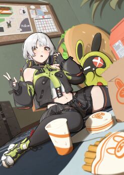 1girl 1other absurdres amillion_(zenless_zone_zero) anby_demara backpack bag bangboo_(zenless_zone_zero) bare_shoulders belted_skirt black_gloves black_skirt black_thighhighs braid braided_sidelocks bulletin_board burger calendar_(object) collar commentary_request crop_top cup drink fingerless_gloves food french_fries from_below gloves green_jacket green_shoes green_sleeves grey_hair headphones headphones_around_neck highres indoors jacket looking_at_viewer midriff multicolored_sleeves navel note on_floor open_mouth orange_eyes plant potyaskeleton shoes short_hair sitting skirt sleeveless sleeveless_jacket suitcase thighhighs w wariza zenless_zone_zero