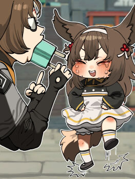 Rule 34 | 1boy, 1girl, absurdres, alternate costume, animal ear fluff, black shirt, black shoes, blurry, blurry background, blush, brother and sister, brown hair, brown tail, chroong, closed mouth, clover, clover hair ornament, commentary request, facial mark, food, food in mouth, forehead mark, from side, glasses, hair ornament, hairband, highres, laughing, layered skirt, layered sleeves, long hair, long sleeves, middle finger, motion lines, open mouth, popsicle, popsicle in mouth, puffy sleeves, shirt, shoes, short over long sleeves, short sleeves, siblings, skirt, socks, standing, standing on one leg, tail, tears, white hairband, white skirt, white socks, ye shiyuan, ye shunguang, zenless zone zero