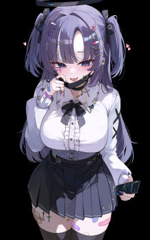 Rule 34 | 1girl, :d, absurdres, alternate costume, bandaid, bandaid on hand, bandaid on leg, bite mark, bite mark on thigh, black background, black choker, black mask, black ribbon, black skirt, black thighhighs, blue archive, breasts, cellphone, center frills, choker, collared shirt, commentary, cowboy shot, cross, cross facial mark, cross hair ornament, ear piercing, english commentary, facial mark, fang, frills, hair ornament, hair ribbon, heart, heart hair ornament, highres, holding, holding phone, jirai kei, kkato, large breasts, long hair, mask pull, multicolored hair, neck ribbon, open mouth, phone, piercing, pill hair ornament, purple eyes, purple hair, purple nails, ribbon, shirt, simple background, skin fang, skirt, smartphone, smile, solo, streaked hair, thighhighs, two side up, white hair, white shirt, x hair ornament, yuuka (blue archive)