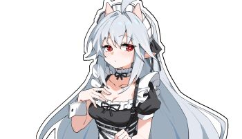 Rule 34 | astral party, blush, breasts, highres, horns, long hair, maid, maid headdress, non-web source, oni, pointy ears, red eyes, ryugazaki misaki, small breasts, very long hair, white hair