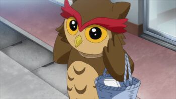 1other animated animated_gif basket bird holding holding_basket lowres no_humans orange_eyes ore_twintail_ni_narimasu owl owl_costume owlguildy red_eyes solo tagme