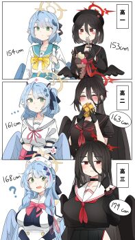 ... absurdres age_comparison age_progression aged_down ahoge armband bandages black_choker black_gloves black_hair black_ribbon black_sailor_collar black_serafuku black_shirt black_thighhighs black_wings blonde_hair blue_archive blue_eyes blue_hair blue_wings blush bread breasts choker closed_eyes cosplay eating feathered_wings food gloves hair_over_one_eye hair_ribbon halo hasumi_(blue_archive) hat height_difference highres holding holding_food holding_ice_cream holding_own_arm holding_spoon ice_cream justice_task_force_member_(blue_archive) justice_task_force_member_(blue_archive)_(cosplay) large_breasts long_hair long_sidelocks looking_at_another looking_to_the_side low_wings medium_breasts medium_hair melon_bread mine_(blue_archive) neckerchief nurse_cap open_mouth pink_neckerchief pointy_ears red_eyes red_halo red_neckerchief ribbon sailor_collar school_uniform scratching_cheek serafuku shirt short_hair short_sleeves side_ponytail side_slit sidelocks skirt sleeves_past_wrists small_breasts smile speech_bubble spoon sweat thighhighs trinity_general_school_logo unli_free white_armband white_gloves white_shirt wings yellow_halo yellow_neckerchief