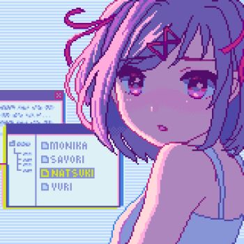 1girl animated animated_gif bare_shoulders blinking camisole character_name doki_doki_literature_club glitch looking_at_viewer nanami_yuki_(yuki77mi) natsuki_(doki_doki_literature_club) parted_lips pink_hair pixel_art solo user_interface white_camisole window_(computing)