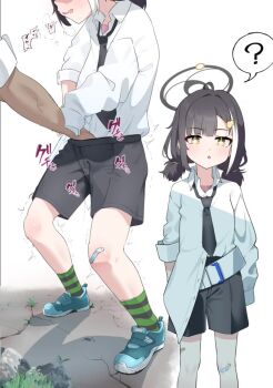 +_+ 1boy 1girl ? ahoge animated asymmetrical_sleeves bandaid bandaid_on_knee bandaid_on_leg belt black_hair black_necktie black_shorts blue_archive blush collared_shirt fingering fingering_through_clothes green_socks hair_ornament hairclip halo hand_under_clothes head_out_of_frame hentaisinsidt hetero implied_fingering legs_apart loli long_sleeves looking_at_viewer low_twintails multicolored_hair multiple_views necktie open_mouth parted_lips shirt shirt_tucked_in shoes short_hair shorts simple_background sleeves_past_fingers sleeves_past_wrists sneakers socks speech_bubble spoken_question_mark standing streaked_hair striped_clothes striped_socks tagme through_clothes trembling tsubasa_(blue_archive) twintails twitching ugoira video white_background white_hair white_shirt yellow_eyes