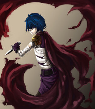 1boy armor assassin_(ragnarok_online) bandages bandages_over_clothes blue_hair brown_background cape commentary_request cowboy_shot dagger gloves holding holding_dagger holding_knife holding_weapon knife looking_at_viewer male_focus open_mouth pauldrons purple_cape purple_eyes purple_gloves purple_shirt ragnarok_online red_scarf scarf shirt short_hair shoulder_armor sleeveless sleeveless_shirt solo toriria torn_clothes torn_scarf waist_cape weapon