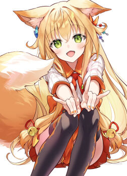 Rule 34 | 1girl, animal ear fluff, animal ears, artist name, bell, black thighhighs, blonde hair, double fox shadow puppet, fangs, foreshortening, fox ears, fox girl, fox shadow puppet, fox tail, green eyes, hair bell, hair ornament, hisana, jingle bell, light blush, long hair, looking at viewer, miniskirt, open mouth, orange nails, orange skirt, original, pleated skirt, shirt, short sleeves, sidelocks, simple background, sitting, skirt, smile, solo, tail, thighhighs, very long hair, white background, white shirt