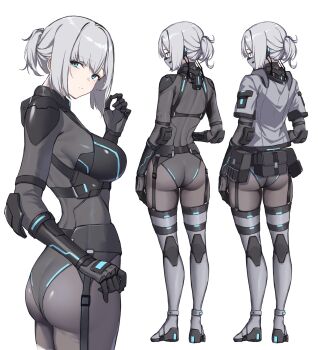 1girl 3_small_spiders ass black_gloves black_leotard blue_eyes bodystocking breasts commentary_request full_body gloves grey_hair grey_mask highres large_breasts leotard mask medium_hair mouth_mask multiple_views original ponytail short_ponytail simple_background standing vambraces white_background