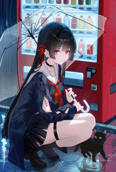 1girl absurdres arm_cutout black_cat black_choker black_hair black_jacket black_shirt black_shoes black_skirt black_socks breasts bright_pupils cat chisa_(wuthering_waves) choker clothing_cutout collarbone commentary hair_ribbon highres holding holding_umbrella jacket long_hair long_sleeves looking_at_viewer medium_breasts neckerchief parted_lips rain red_eyes red_neckerchief red_ribbon ribbon sailor_collar shirt shoes skirt socks solo squatting tacet_mark_(wuthering_waves) thigh_strap transparent transparent_umbrella umbrella usagi_(786113654) vending_machine white_pupils white_sailor_collar wuthering_waves