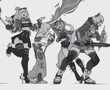 Rule 34 | 4girls, axe, biker clothes, black thighhighs, bone nigi, burnice white, caesar king (zenless zone zero), closed eyes, flamethrower, greyscale, highres, holding, holding axe, holding flamethrower, holding shield, holding sword, holding weapon, long hair, luciana de montefio, medium hair, miniskirt, monochrome, multiple girls, pants, piper wheel, shield, skirt, sword, thighhighs, weapon, zenless zone zero