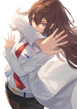 Rule 34 | 1girl, badge, belt, black pantyhose, black shorts, brown hair, dress shirt, hair between eyes, hichi, highres, lab coat, long hair, looking at viewer, makise kurisu, necktie, pantyhose, purple eyes, red necktie, science adventure, shirt, shorts, simple background, solo, steins;gate, white background, white shirt