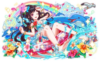 6+others animal_print ankle_ribbon anklet aqua_bikini aqua_bow aqua_bracelet aqua_bridal_gauntlets aqua_ribbon artist_request bare_arms bare_legs bare_shoulders barefoot beak bikini bird bird_legs black_hair blue_flower blue_petals bow bow_flower bracelet breasts butterfly_print cel_shading cleavage cloud coral_reef crash_fever cross-laced_straps dolphin flower flower_bikini flying frilled_thigh_strap full_body game_cg gold_bracelet hair_bow hibiscus horizontal-striped_ribbon hwang_jini innertube jewelry large_breasts leg_ribbon legs_apart light_particles light_rays long_hair multiple_others ocean official_art one_eye_closed open_mouth orange_flower orange_petals outline pink_flower pink_petals pink_rose plumeria rainbow red_outline ribbon rose saturated seagull see-through_bikini see-through_clothes single_wrist_cuff solo_focus splashing square square_print swim_ring swimsuit tachi-e teeth thigh_strap toenails transparent_background two-tone_wings upper_teeth_only very_long_hair water white_bird white_flower white_ribbon white_straps white_tail white_wings white_wrist_cuffs wings wrist_cuffs yellow_eyes yellow_flower