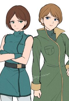 2girls aeug blue_eyes bob_cut breasts brown_hair coat commentary_request cowboy_shot crossed_arms emma_sheen gloves green_eyes green_gloves gundam hand_on_own_hip highres long_sleeves military_uniform multiple_girls ogura_(onigiritakusan) reccoa_londe science_fiction short_hair sleeveless zeta_gundam