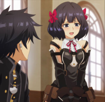 1boy 1girl anime_screenshot black_hair black_shorts black_thighhighs blue_eyes blunt_bangs blush breasts brown_gloves center_frills closed_eyes dress fingerless_gloves flustered frilled_shirt frills gloves highres krai_andrey looking_at_another medium_breasts medium_hair nageki_no_bourei_wa_intaishitai neck_ribbon open_mouth parted_lips red_ribbon ribbon romper ryona shirt shorts sleeveless sleeveless_dress smile stitched thick_thighs thighhighs thighs third-party_edit tino_shade white_shirt wide_hips