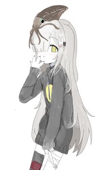 1girl @_@ absurdres animal_hands bandaged_leg bandages blunt_bangs choker grey_hair hair_ornament hair_over_one_eye highres hood hoodie long_hair original oyasu_miyo rabbit_hair_ornament simple_background single_thighhigh squid thighhighs vreparty white_background yellow_eyes