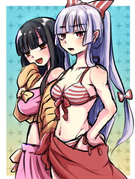 2girls abuo_(abuosann) alternate_costume bikini black_hair bow breasts cleavage collarbone commentary_request fujiwara_no_mokou gradient_background grey_hair hair_bow hand_on_own_hip highres houraisan_kaguya large_breasts looking_at_viewer medium_breasts multicolored_bikini multiple_girls navel open_mouth pink_bikini red_bikini red_eyes red_sarong sarong side-tie_bikini_bottom smile striped_bikini striped_clothes swimsuit touhou two-tone_bikini white_bikini