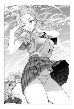 Rule 34 | 1boy, 1girl, bow, bow panties, breasts, button gap, character request, closed mouth, clothes lift, commentary request, commission, copyright request, double bun, forehead, greyscale, hair bun, hands up, highres, hood, hoodie, layered sleeves, long hair, long sleeves, looking at another, looking at viewer, looking back, medium breasts, miniskirt, monochrome, nagashii kouhei, one eye closed, outdoors, panties, pantyshot, plaid clothes, plaid panties, plaid skirt, pleated skirt, shirt, short hair, short over long sleeves, short sleeves, skeb commission, skirt, skirt lift, skirt rolled up, solo focus, spiked hair, turning head, underboob, underwear, wind, wind lift