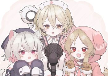 3girls :3 animal_ear_hood animal_ears arazan_(ara_arazan24) asmr beret black_collar black_hat black_jacket blonde_hair brown_gloves brown_hair cat_ears cat_girl cat_tail collar colored_inner_hair commentary_request dress fake_animal_ears fang fur-trimmed_gloves fur_trim gloves hair_between_eyes hat headset hood hoodie jacket microphone multicolored_hair multiple_girls nurse_cap nurse_robot_type_t open_mouth orange_eyes ouka_miko parted_bangs pink_eyes pink_hair pink_hoodie red_eyes sayo_(voicevox) short_hair short_hair_with_long_locks sidelocks sleeve_cuffs sleeves_past_fingers sleeves_past_wrists smile tail utau voicevox white_dress white_hair