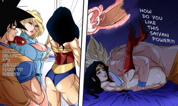 1boy 2girls amazon_warrior ass blush breasts cleavage cleavage_cutout clothing_cutout cross-section crossover cum cum_in_pussy dc_comics diana_prince dragon_ball ejaculation english_text hetero hoowk internal_cumshot jealous kryptonian multiple_girls one_eye_closed penis power_girl saiyan sex son_goku super_saiyan sweat uncensored vaginal wonder_woman