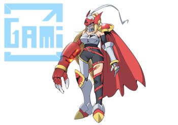 1girl armor asymmetrical_legwear black_bodysuit blonde_hair bodysuit breasts cape digimon digimon_(creature) dukemon full_body gamiani_zero helm helmet high_ponytail highres large_breasts long_hair ponytail red_cape simple_background single_bare_shoulder single_shoulder_pad solo white_armor white_background yellow_eyes