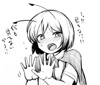 Rule 34 | 1girl, androgynous, antennae, blush, cape, collared shirt, commentary request, hands up, looking at viewer, monochrome, nose blush, open mouth, sadahiro (chicken nugget gyuuniku aji), shirt, short hair, simple background, sketch, solo, touhou, translation request, upper body, wriggle nightbug