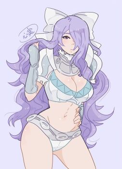 1girl alternate_costume bow breasts camilla_(fire_emblem) charlotte_(fire_emblem) cleavage cleft_of_venus cosplay costume_switch fire_emblem fire_emblem_fates hair_bow hair_over_one_eye kokomi_(aniesuakkaman) large_breasts long_hair looking_at_viewer midriff navel nintendo one_eye_covered purple_eyes purple_hair simple_background solo wavy_hair
