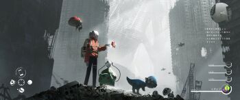 1girl absurdres aron asteroid_ill backpack bag black_pants building bulbasaur city commentary_request cranidos destruction egg food gen_1_pokemon gen_3_pokemon gen_4_pokemon gen_8_pokemon gloves heads-up_display health_bar highres holding holding_egg holding_food jacket looking_at_object magnemite minimap nintendo orbeetle pants pokemon pokemon_(creature) pokemon_egg red_jacket rotom rotom_dex short_hair translation_request user_interface white_bag white_gloves white_hair